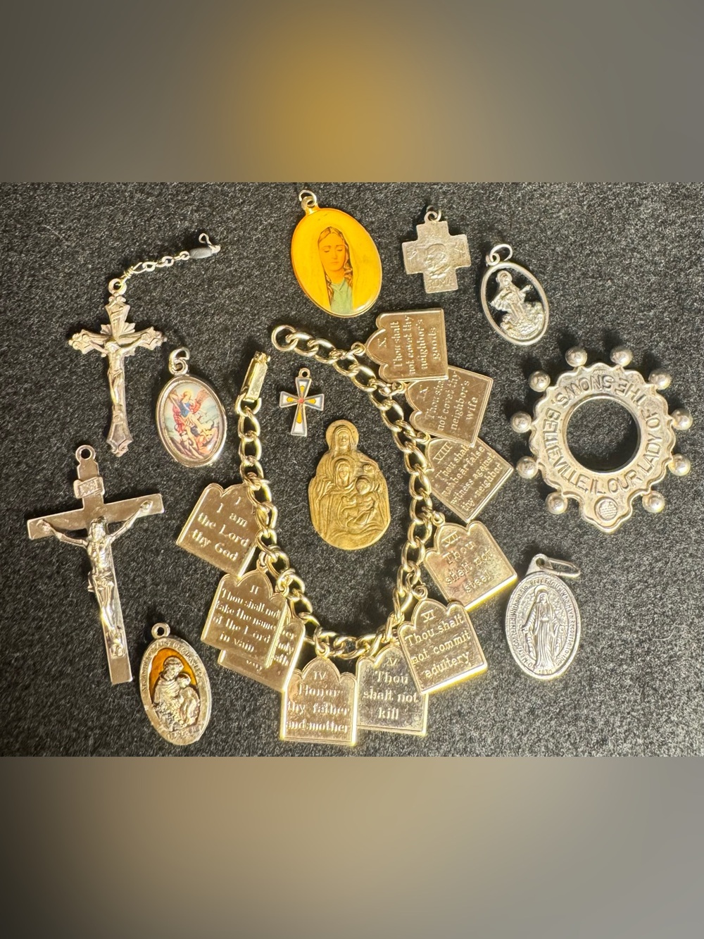 12 Piece Lot of Vintage Religious Jewelry; Rosary Signed Italy; 10 Commandments